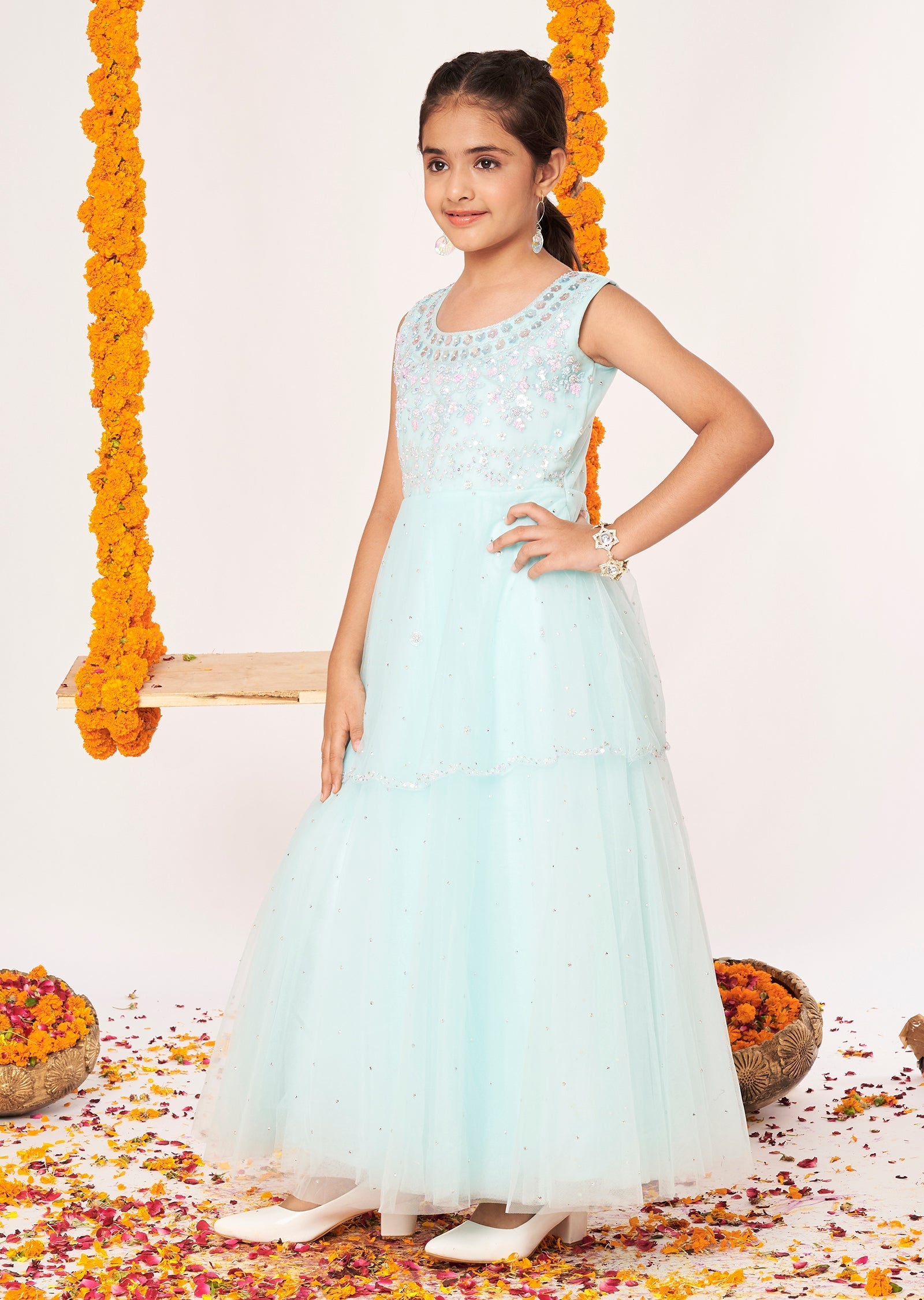 Light Blue Net Ethnic Gown