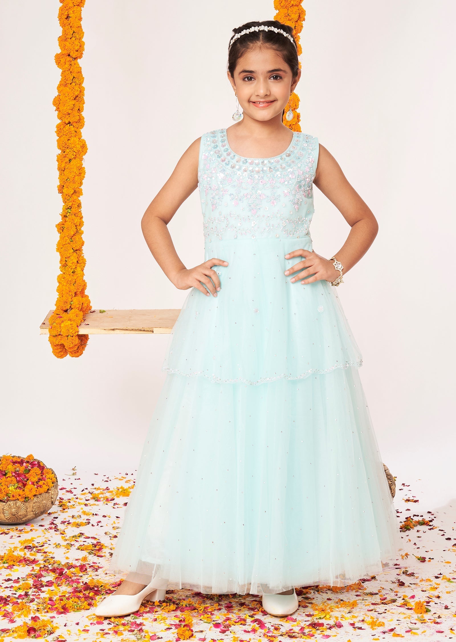 Light Blue Net Ethnic Gown