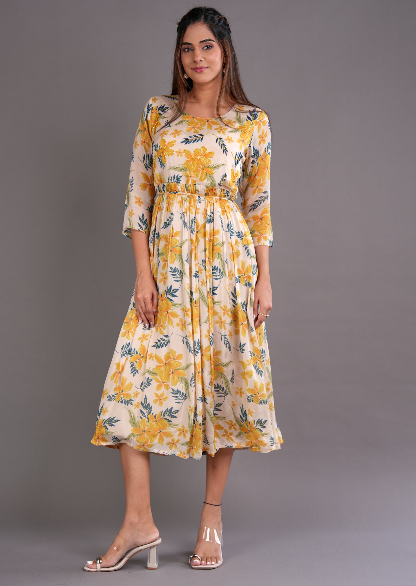 Beige Chinnon Midi Dress