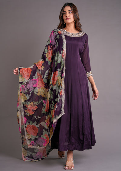 Wine Chinnon Anarkali Suit