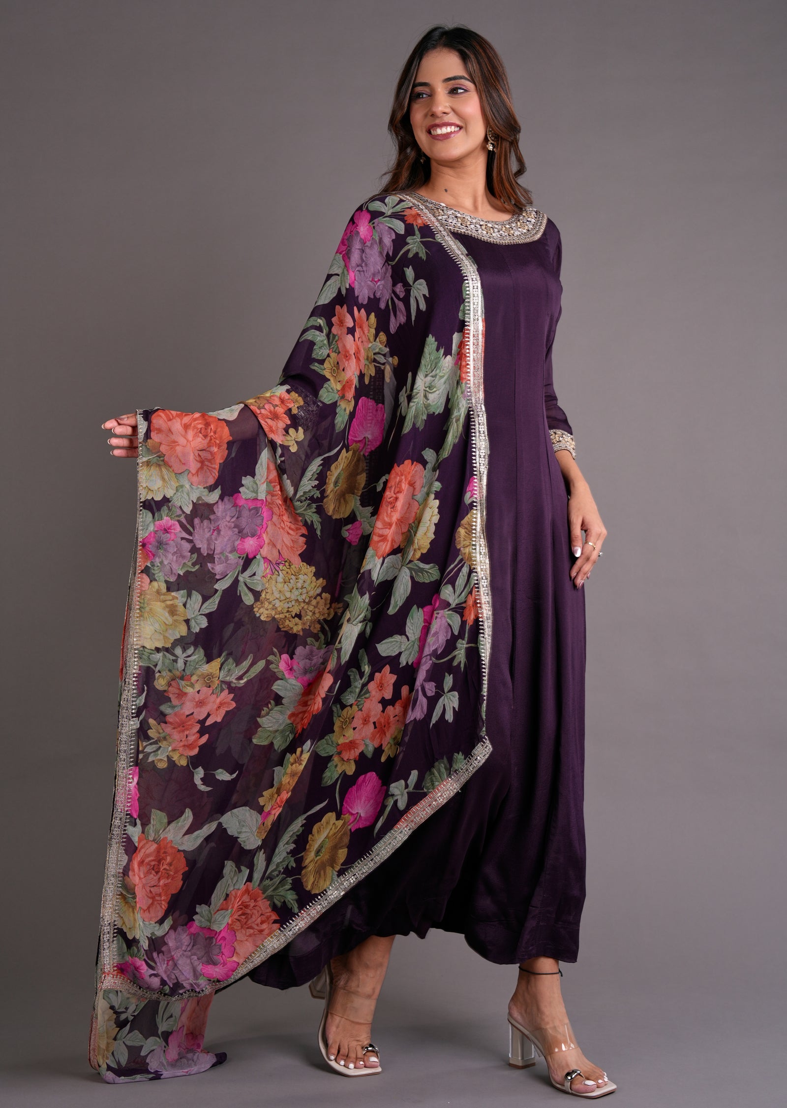 Wine Chinnon Anarkali Suit