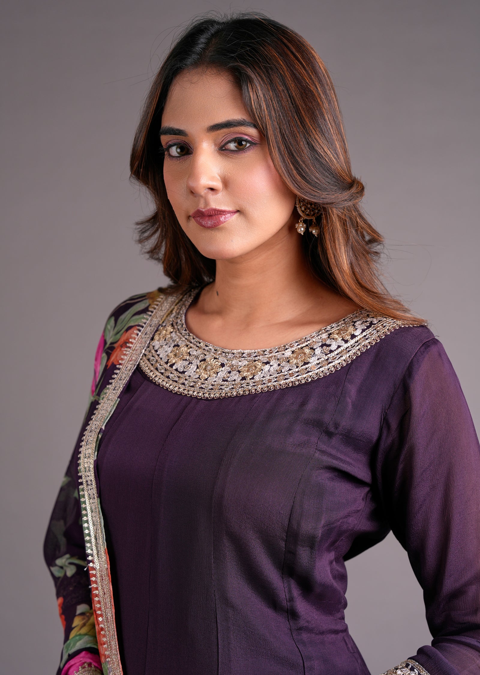 Wine Chinnon Anarkali Suit