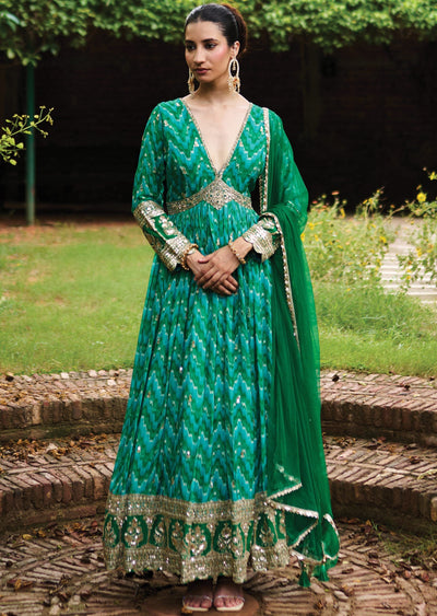 Rama Green Chinnon Anarkali Suit