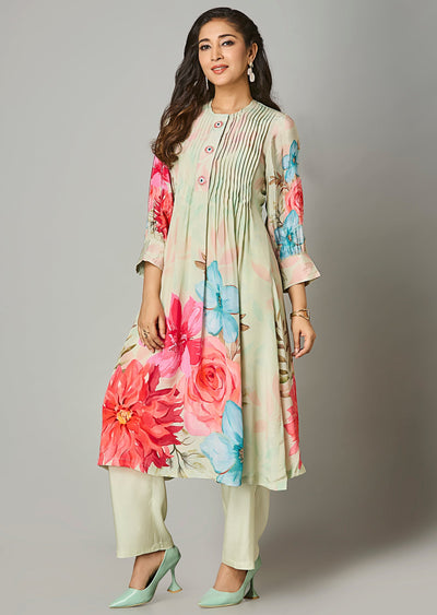 Pista Green Crepe Straight Cut Kurti Set