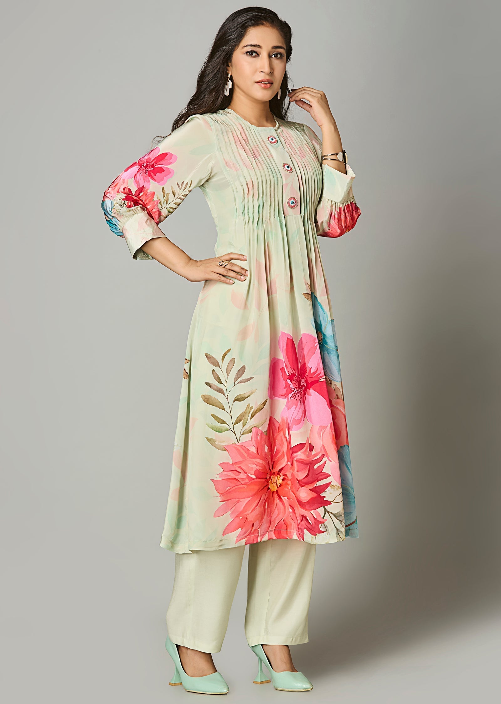Pista Green Crepe Straight Cut Kurti Set