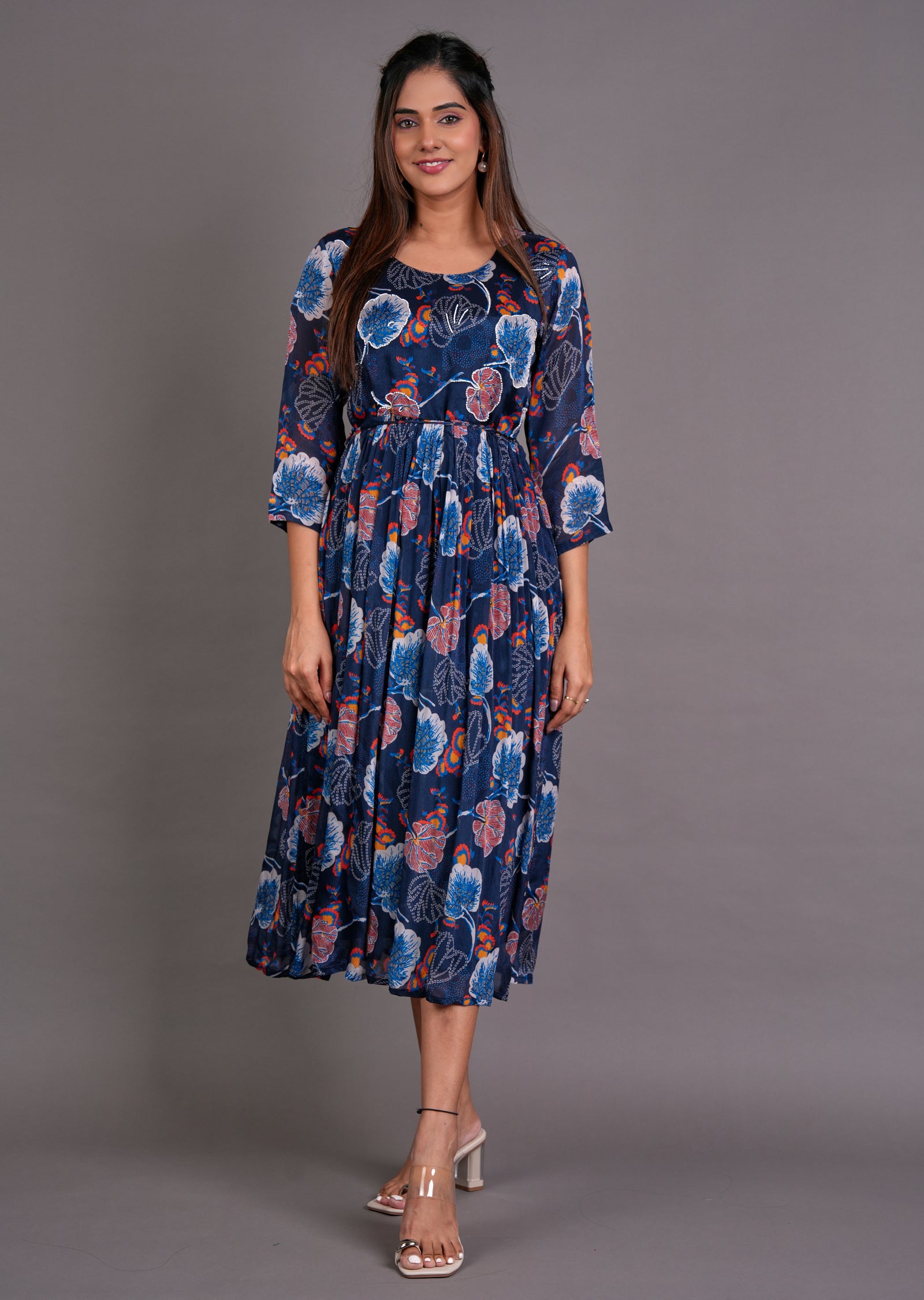 Navy Blue Chinnon Midi Dress