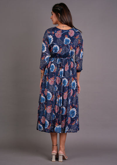 Navy Blue Chinnon Midi Dress