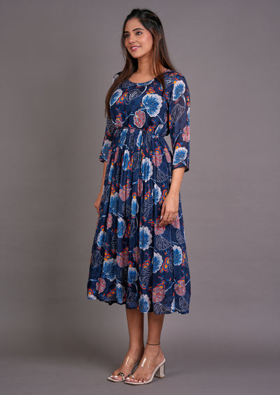 Navy Blue Chinnon Midi Dress