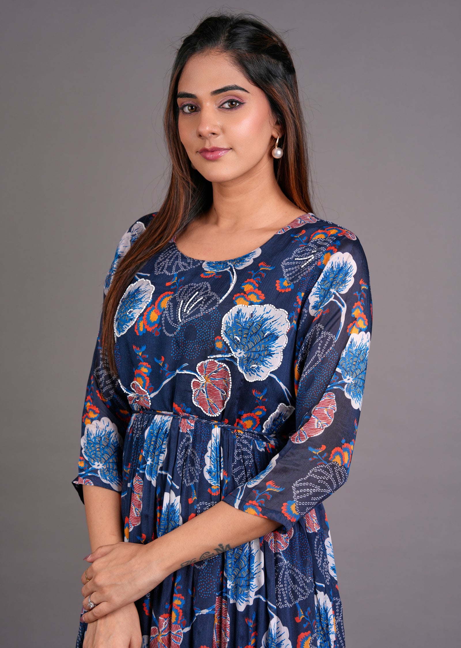 Navy Blue Chinnon Midi Dress