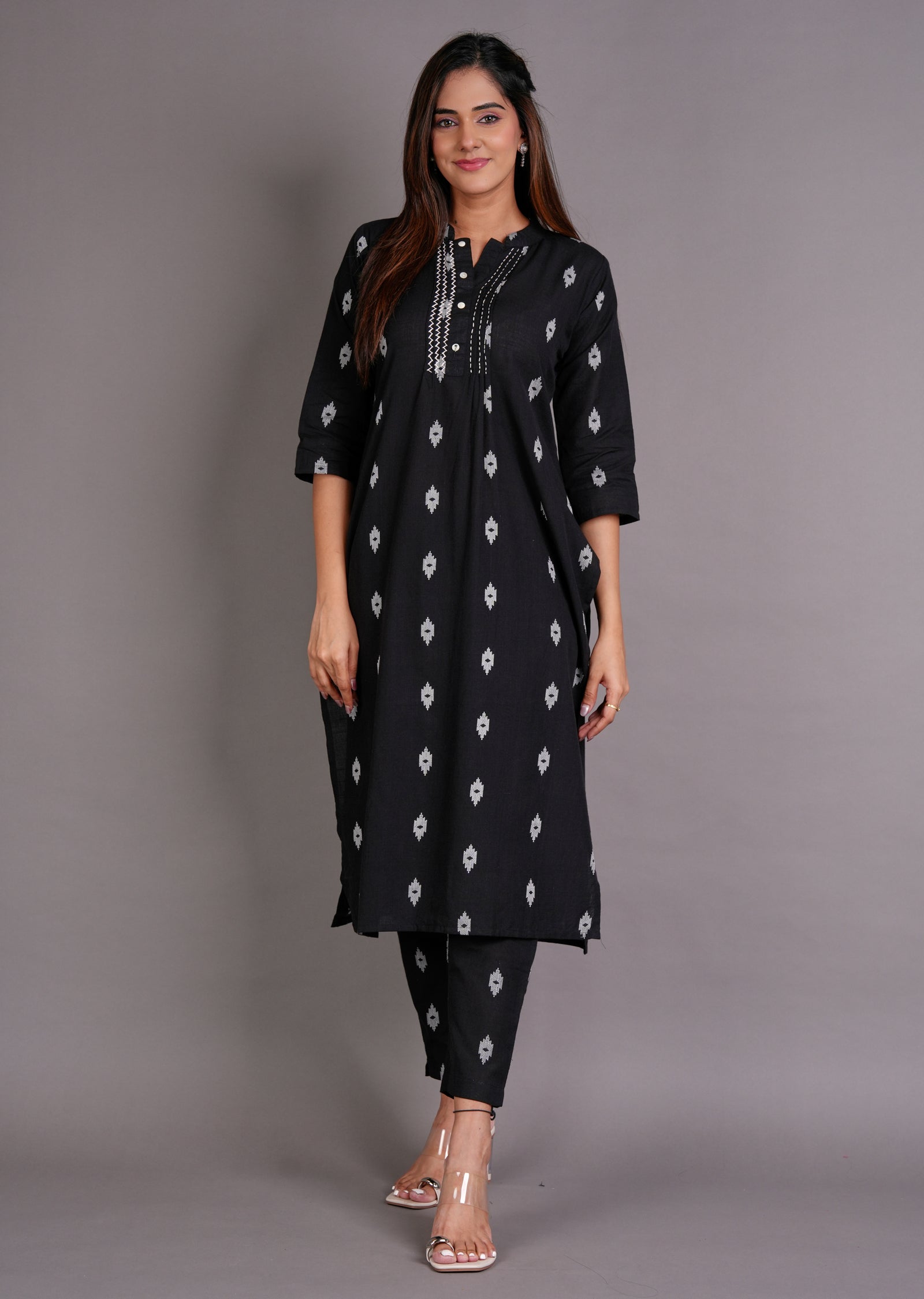 Black Cotton Straight Cut Kurti Set