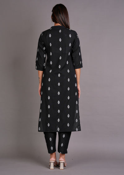 Black Cotton Straight Cut Kurti Set