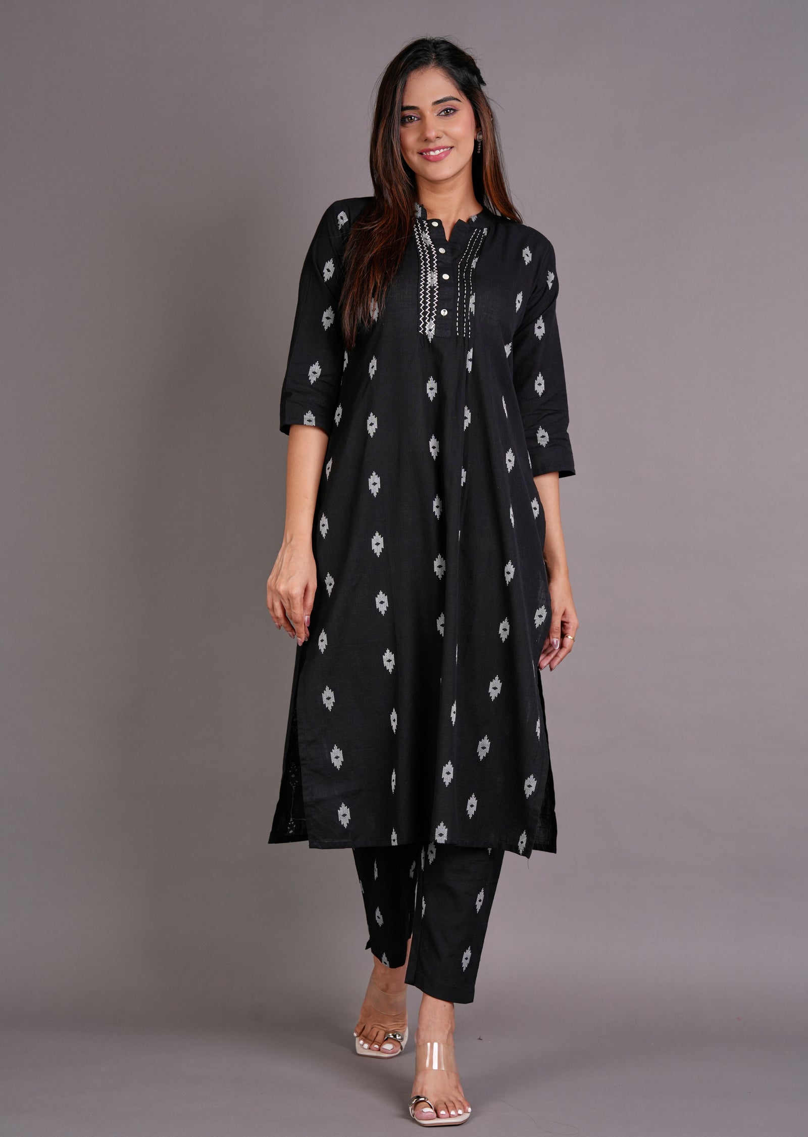Black Cotton Straight Cut Kurti Set