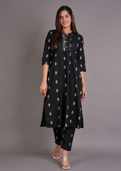 Black Cotton Straight Cut Kurti Set