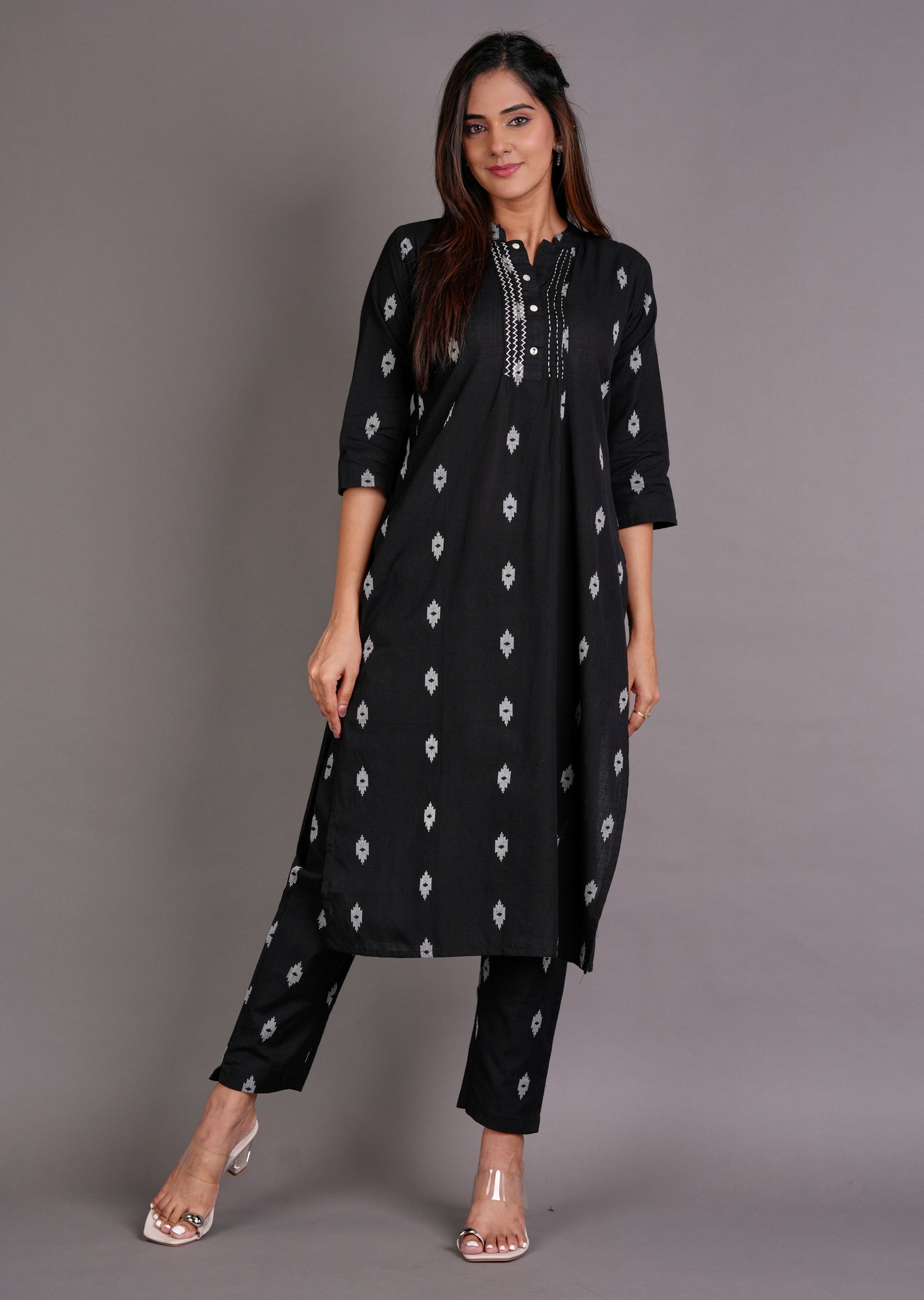 Black Cotton Straight Cut Kurti Set