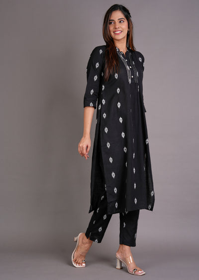 Black Cotton Straight Cut Kurti Set