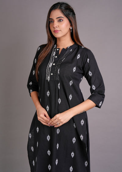Black Cotton Straight Cut Kurti Set