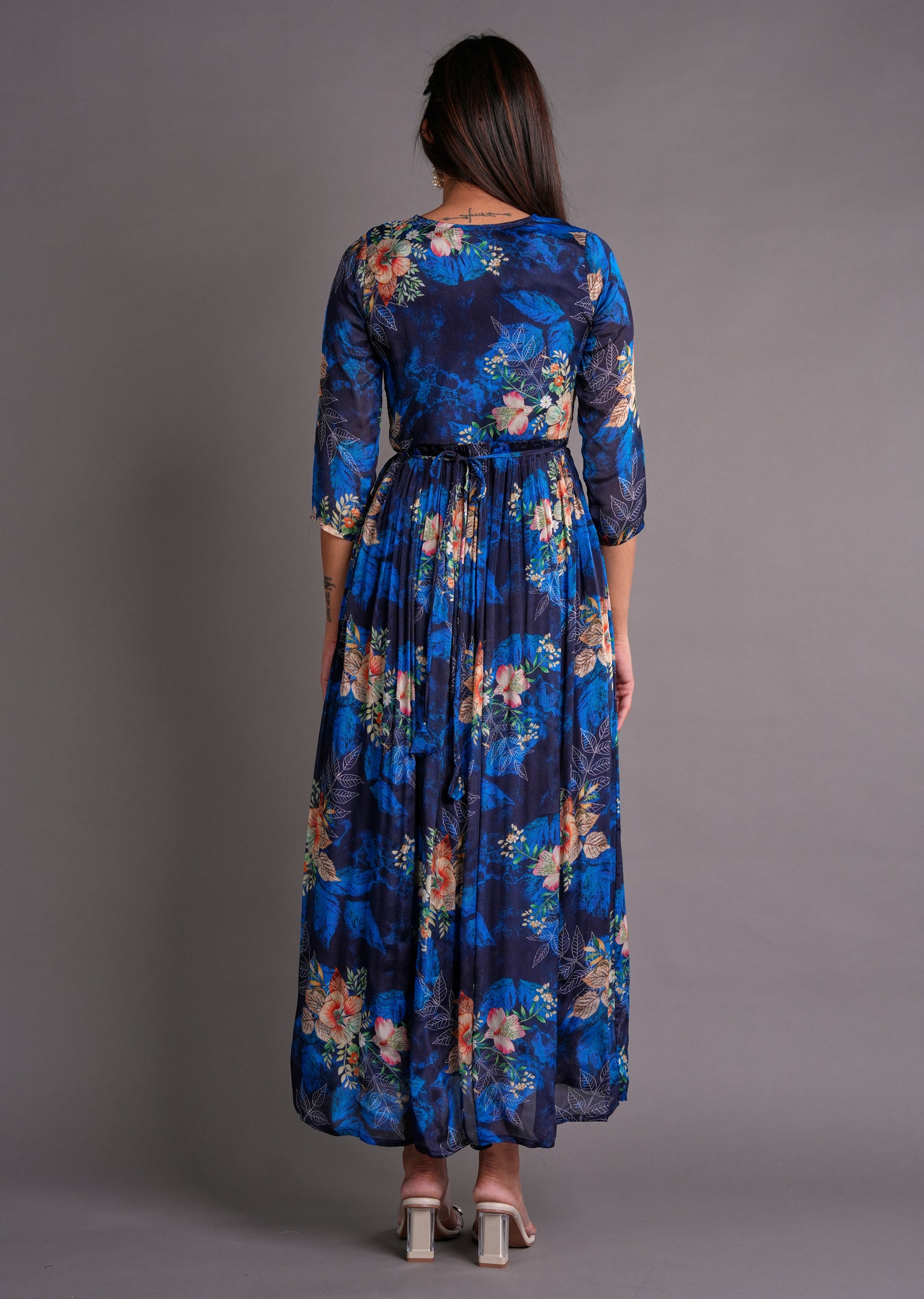 Navy Blue Chinnon Long Dress