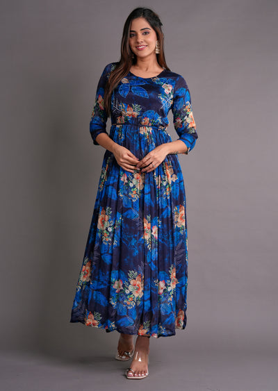 Navy Blue Chinnon Long Dress