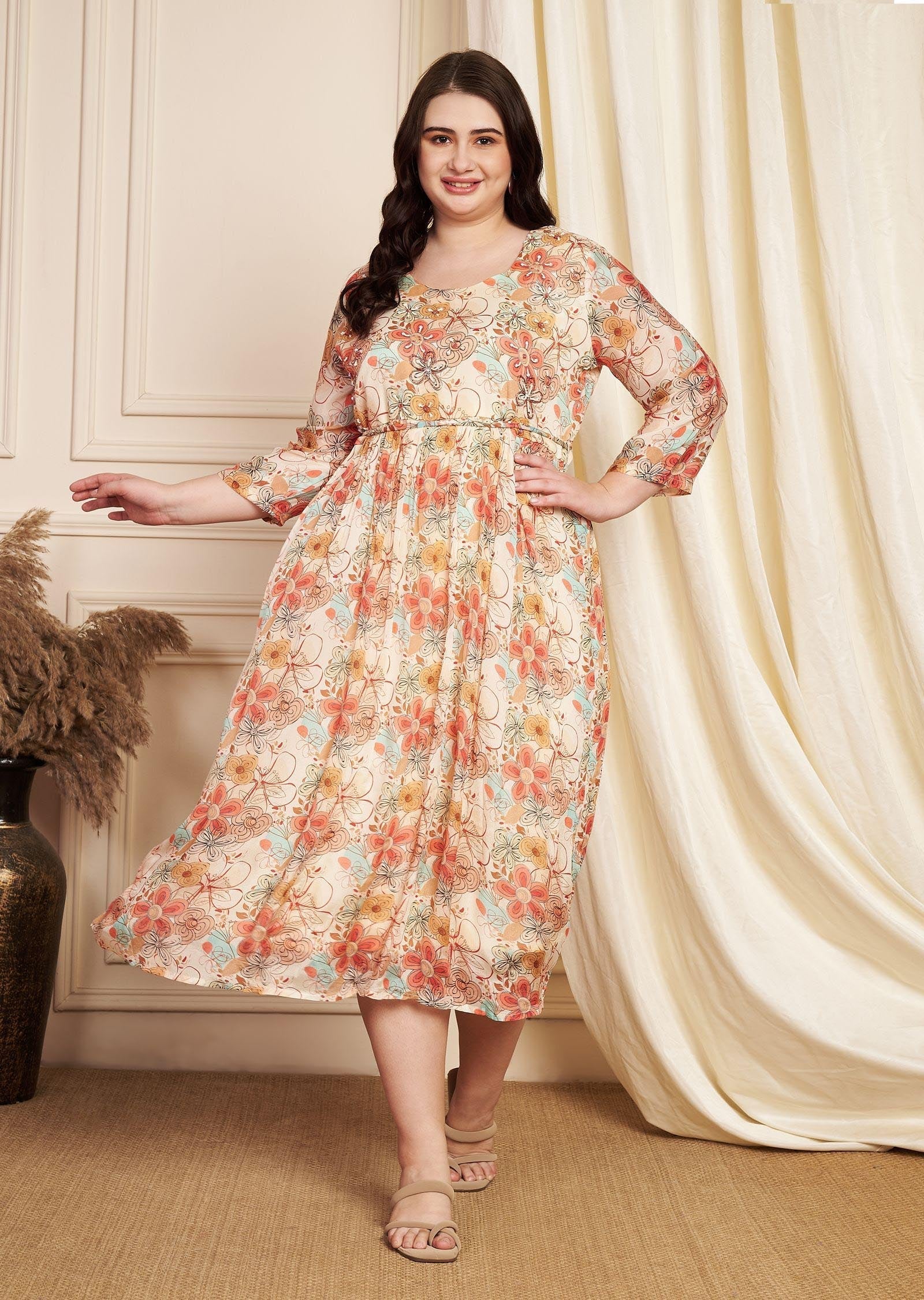 Beige Chinnon Midi Dress