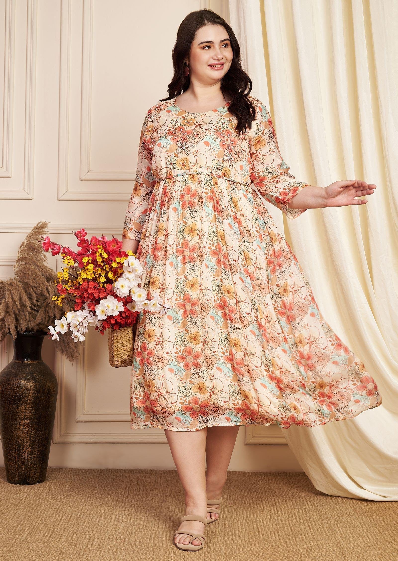 Beige Chinnon Midi Dress