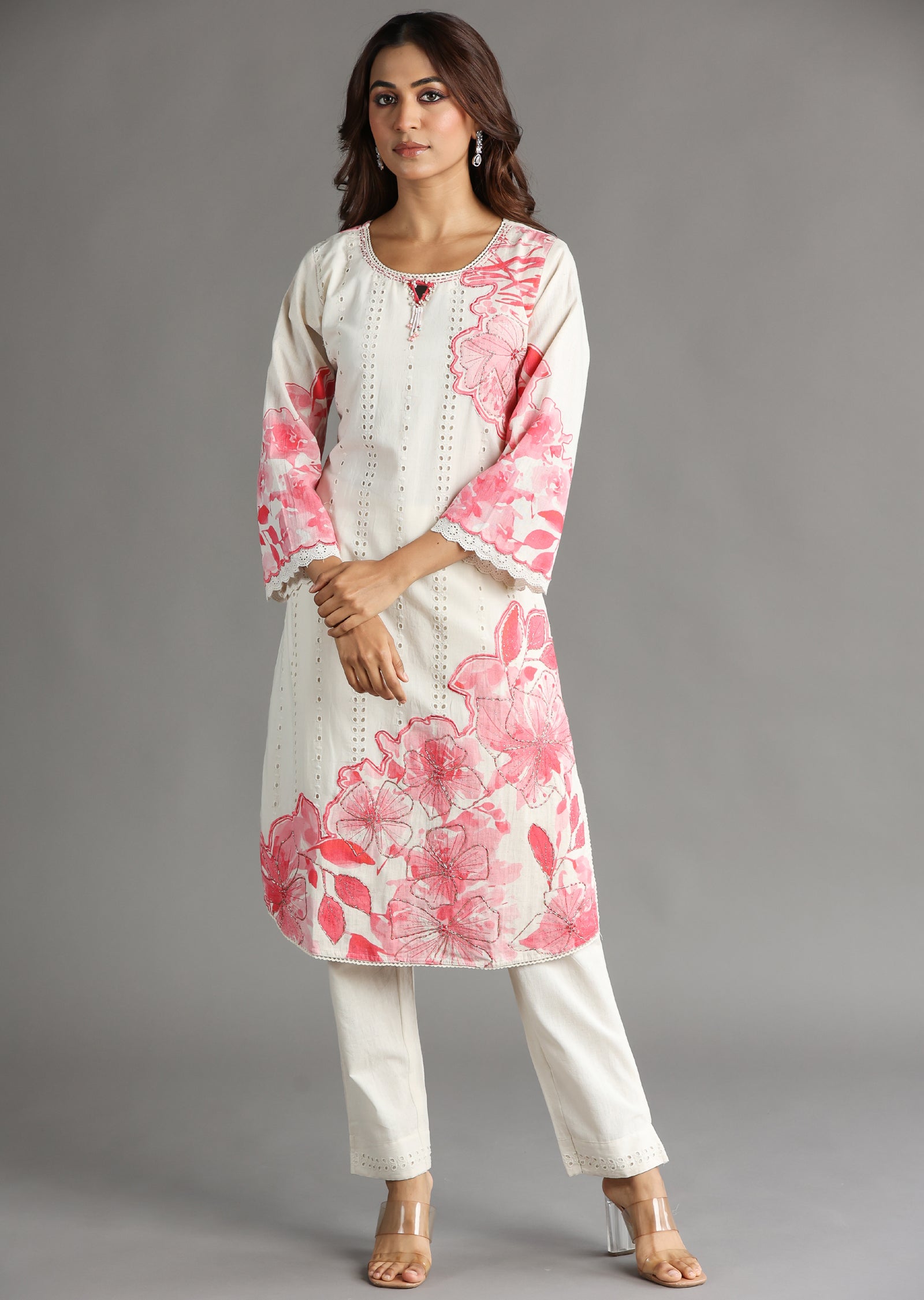 Off White & Pink Schiffli Cotton Straight Cut Kurti Set