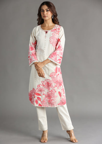 Off White & Pink Schiffli Cotton Straight Cut Kurti Set
