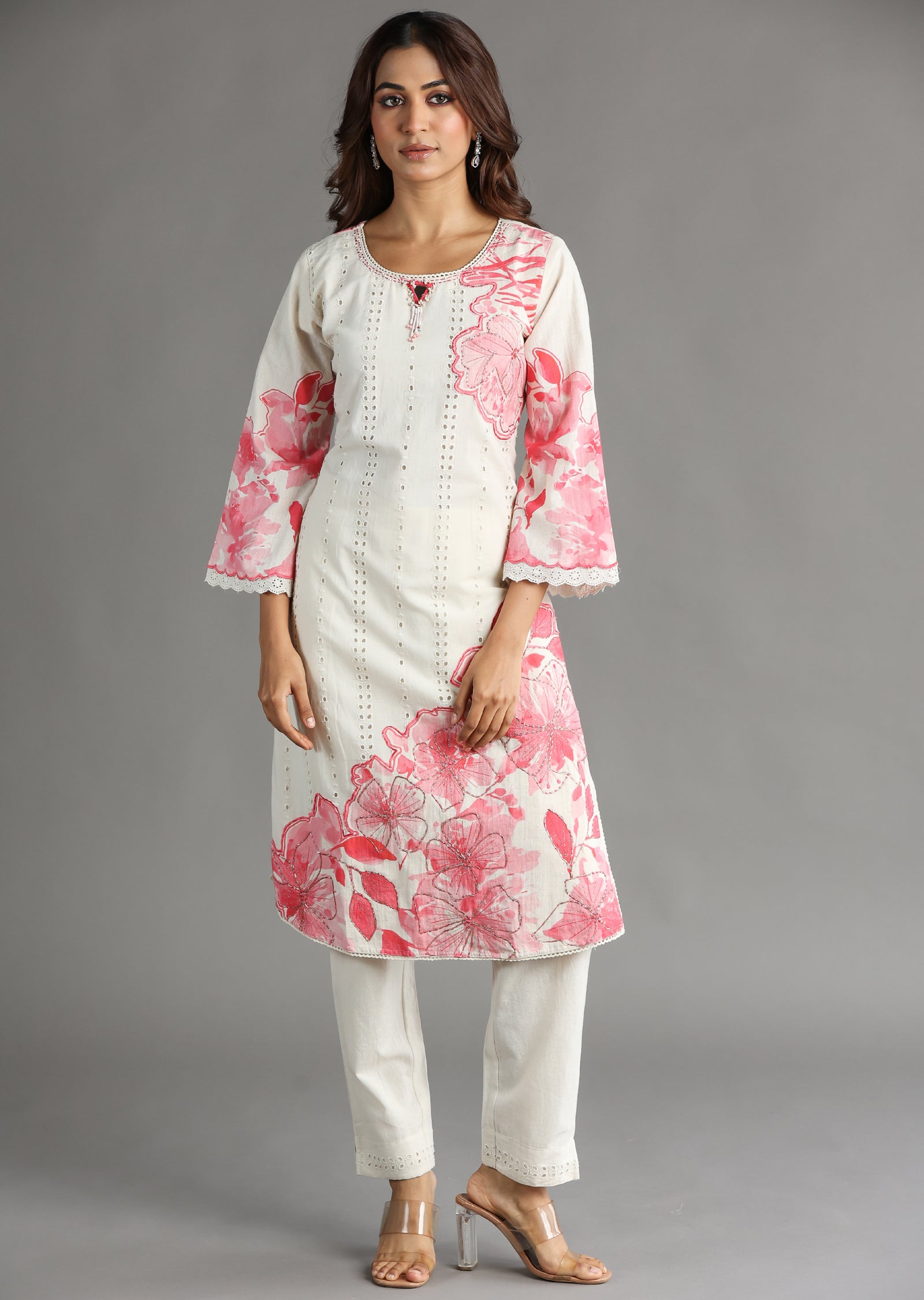 Off White & Pink Schiffli Cotton Straight Cut Kurti Set