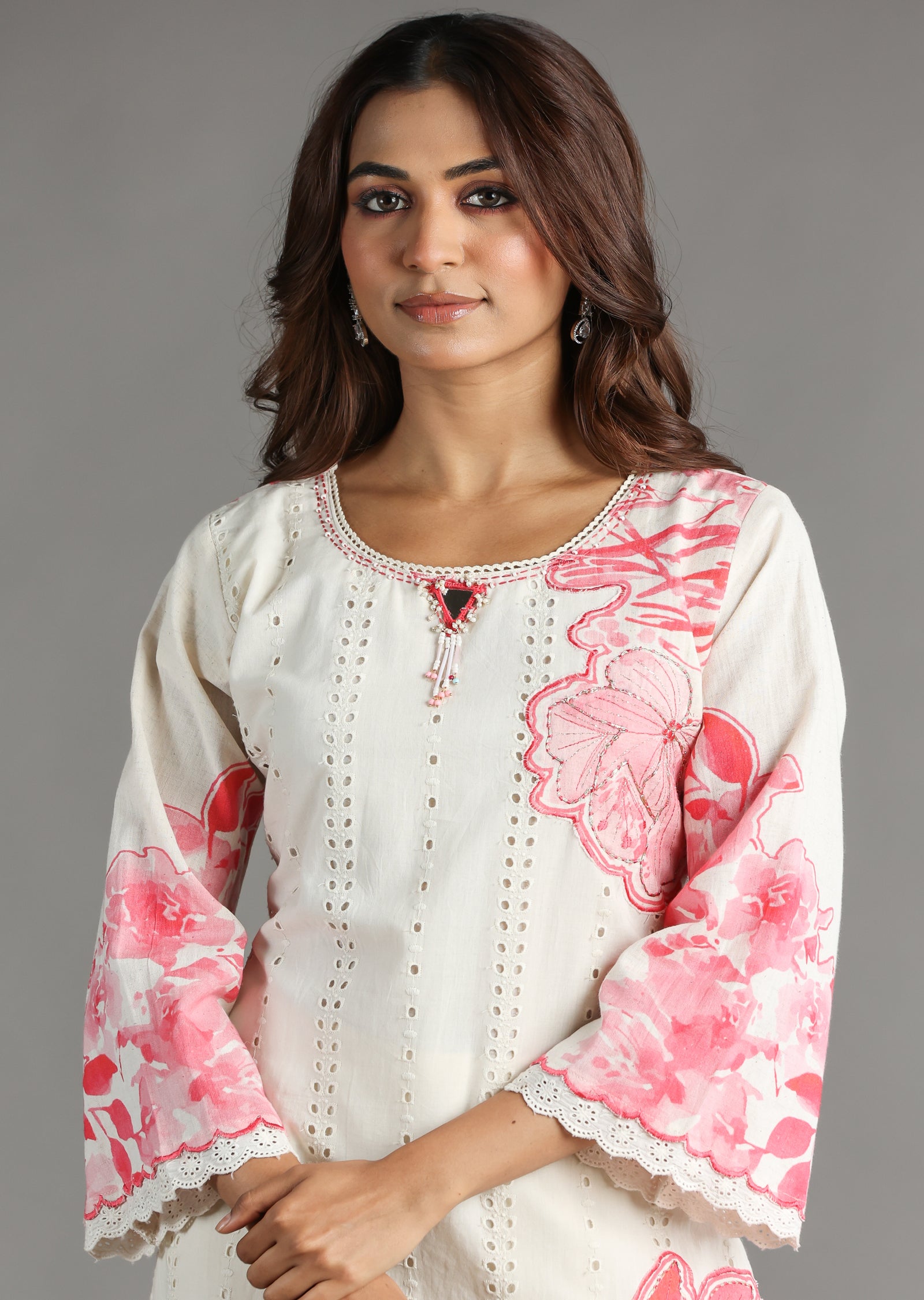 Off White & Pink Schiffli Cotton Straight Cut Kurti Set