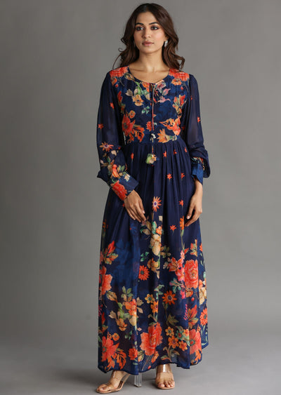 Navy Blue Chinnon Long Dress