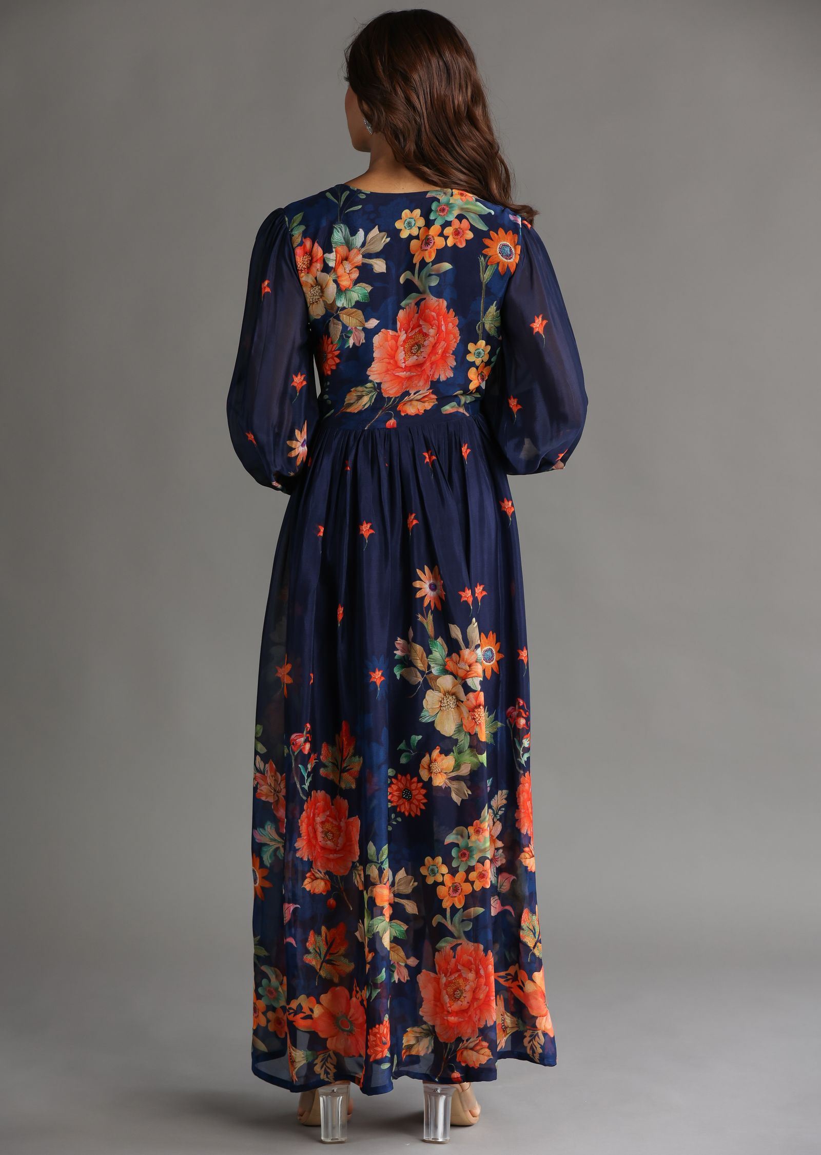Navy Blue Chinnon Long Dress