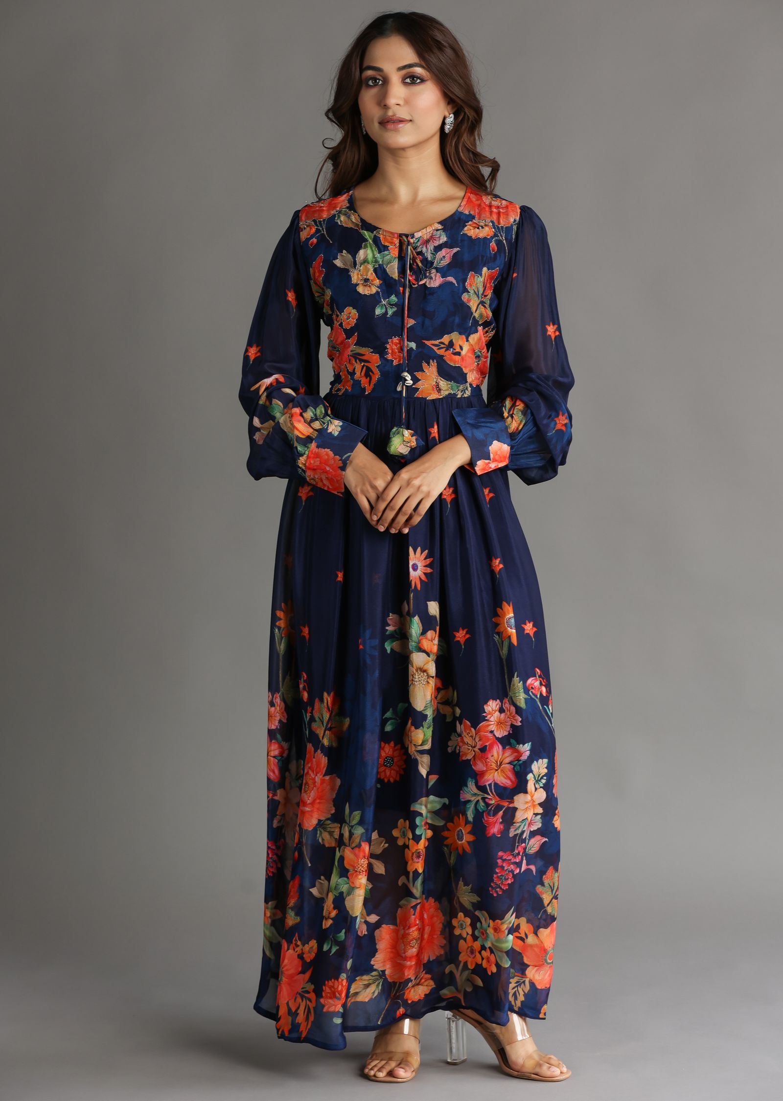 Navy Blue Chinnon Long Dress