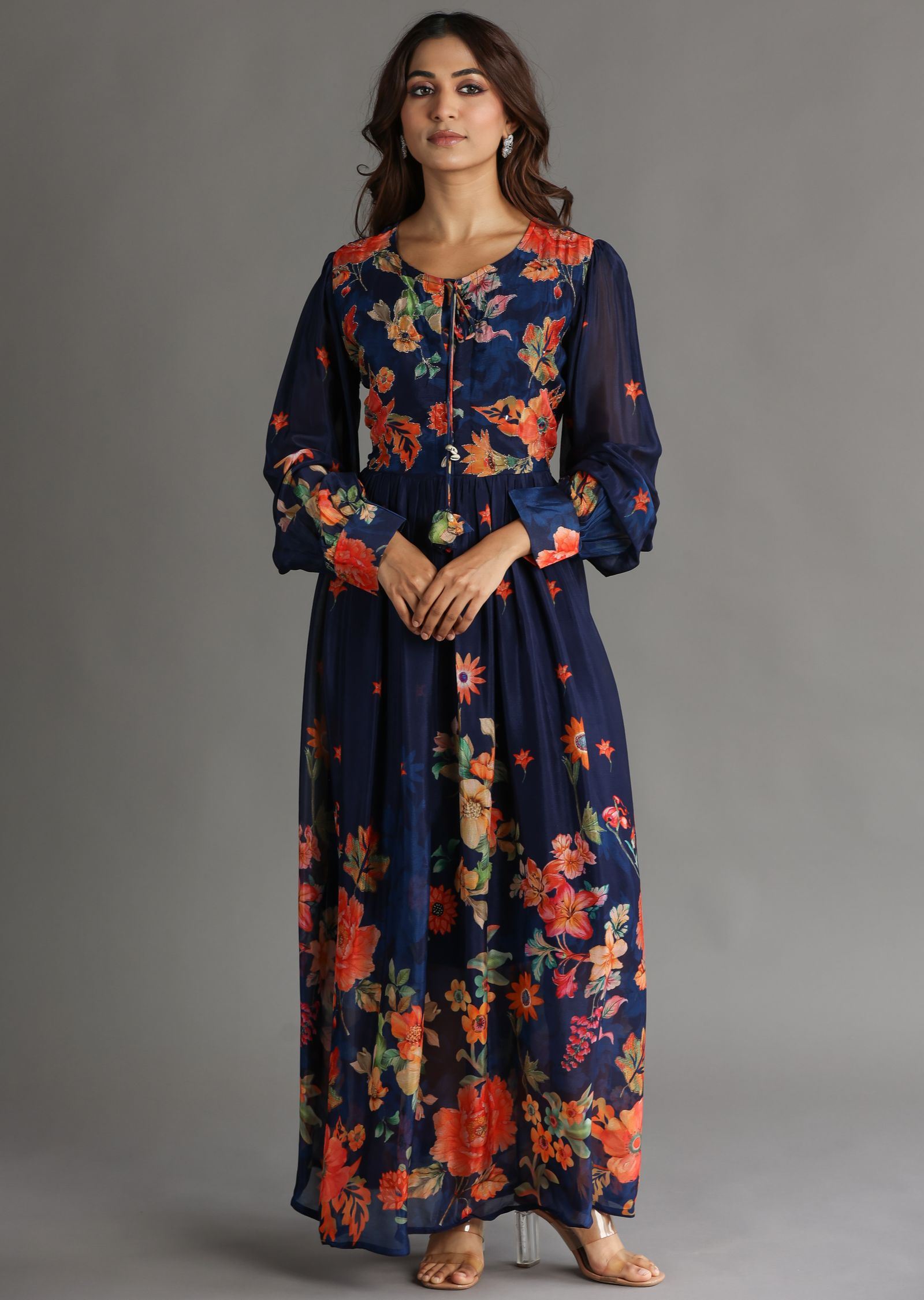 Navy Blue Chinnon Long Dress