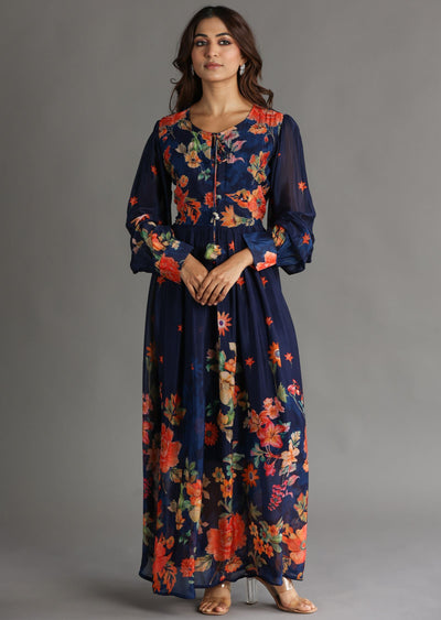 Navy Blue Chinnon Long Dress