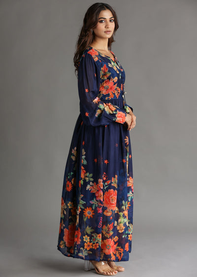 Navy Blue Chinnon Long Dress