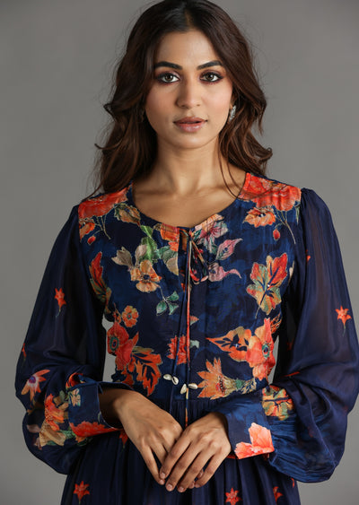 Navy Blue Chinnon Long Dress