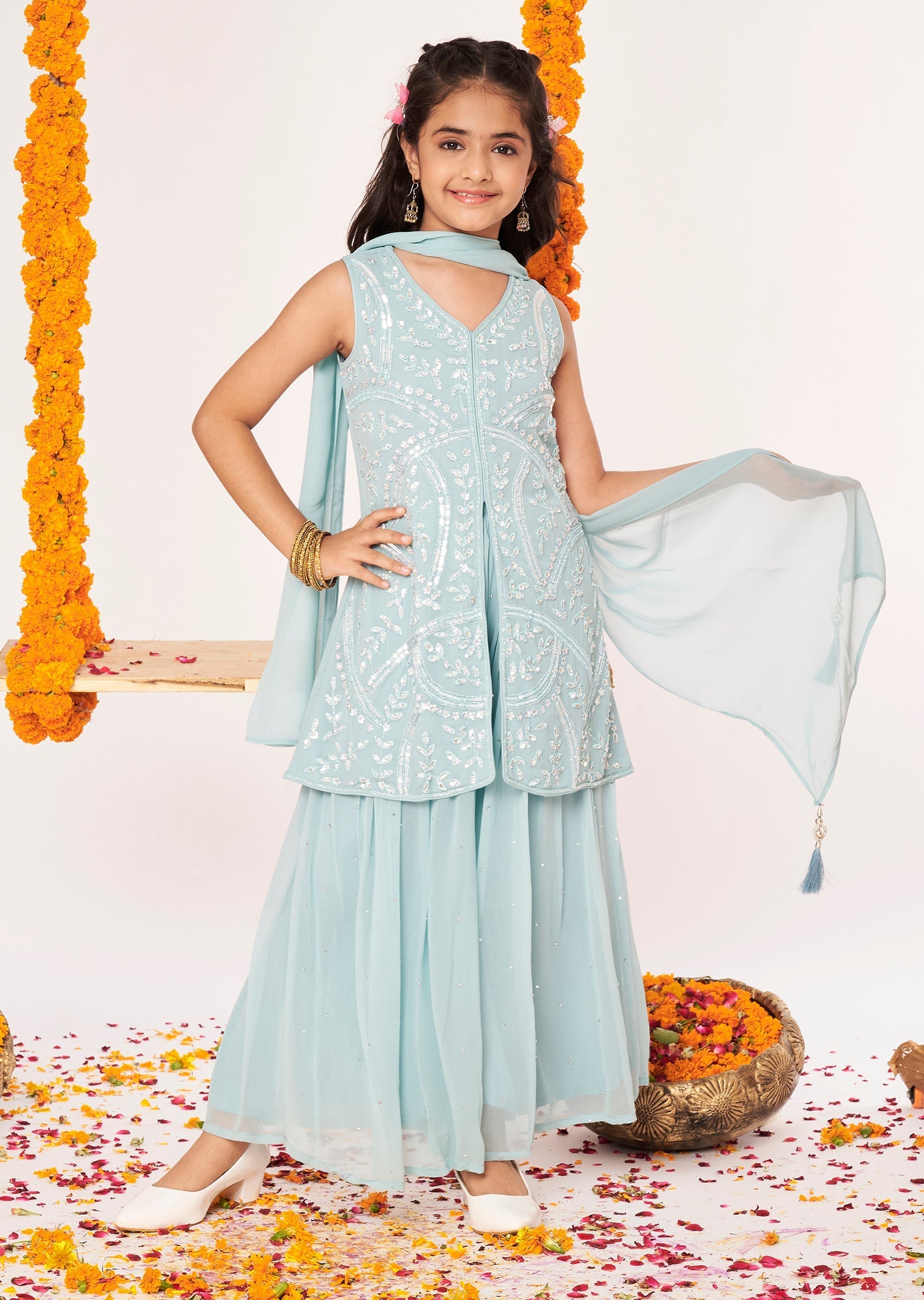 Dusty Blue Georgette Gharara Set