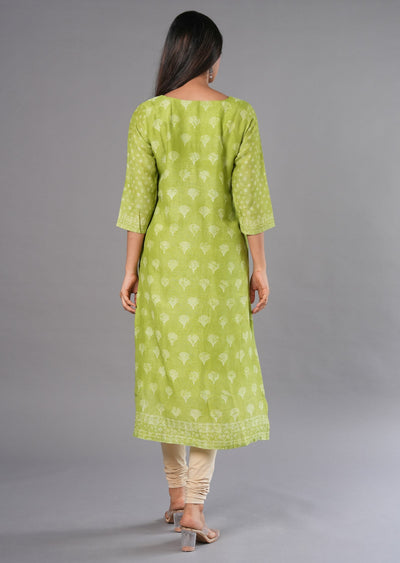 Parrot Green Linen Silk Straight Cut