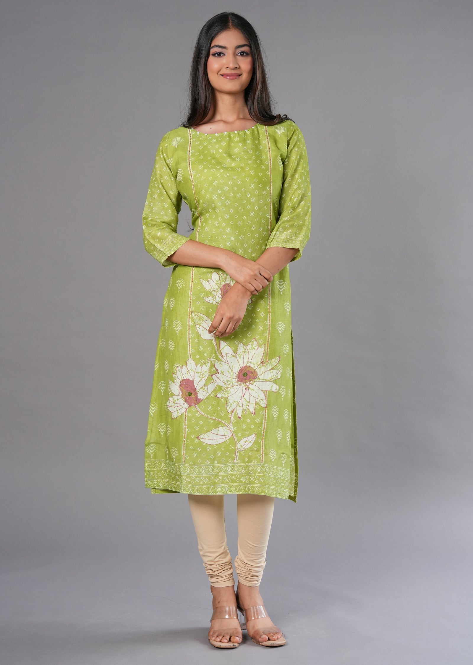 Parrot Green Linen Silk Straight Cut