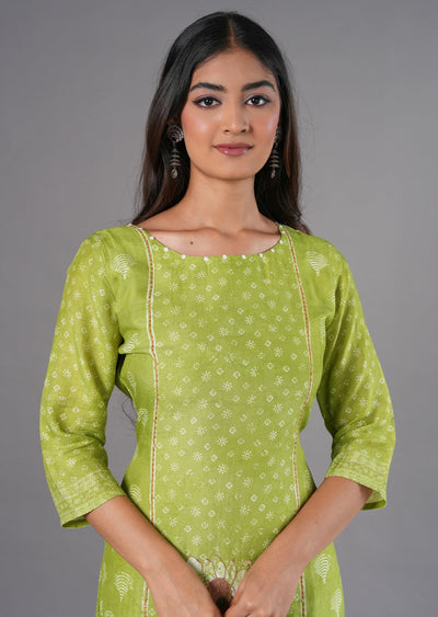 Parrot Green Linen Silk Straight Cut