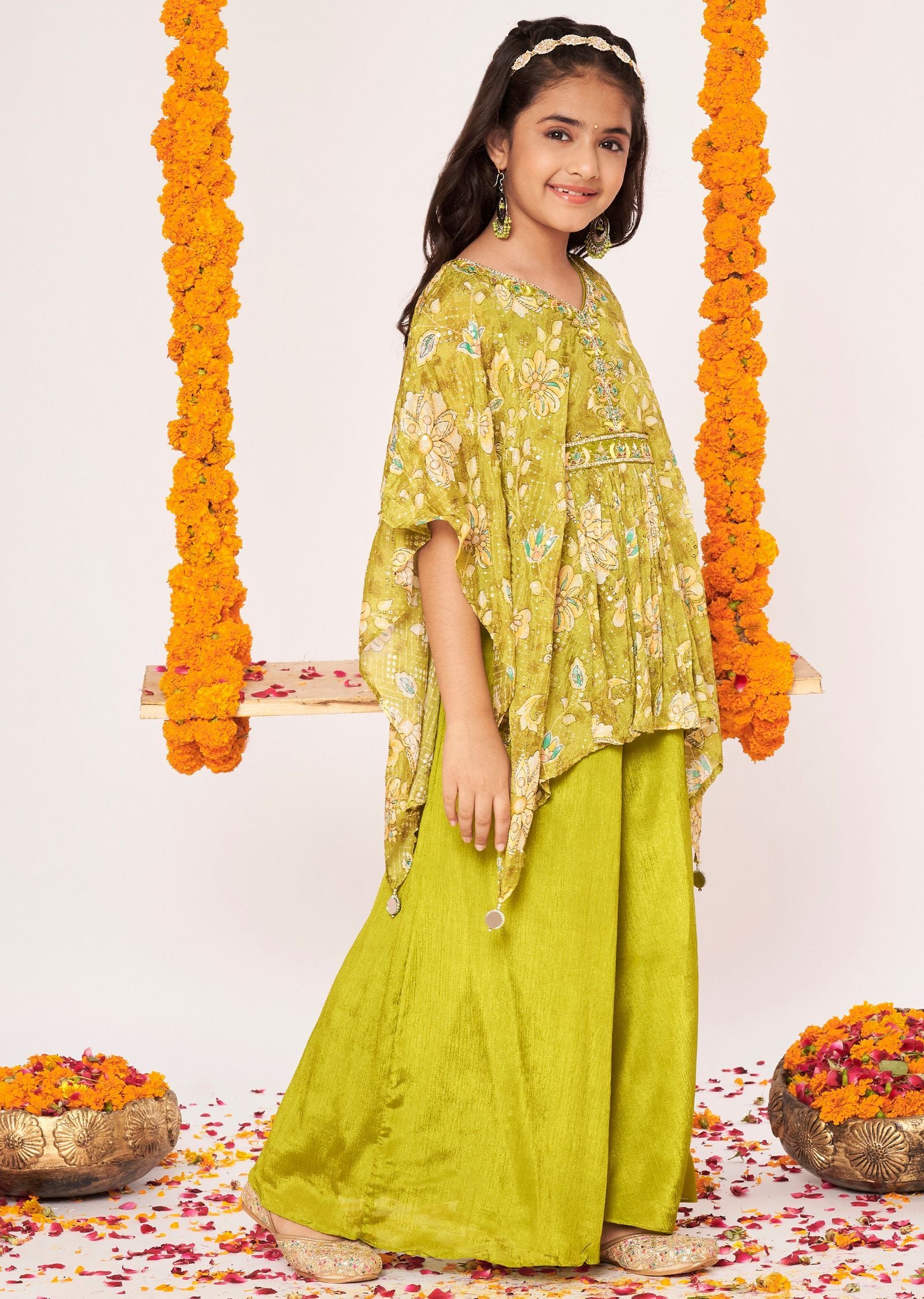 Mehndi Green Chinnon Gharara Set