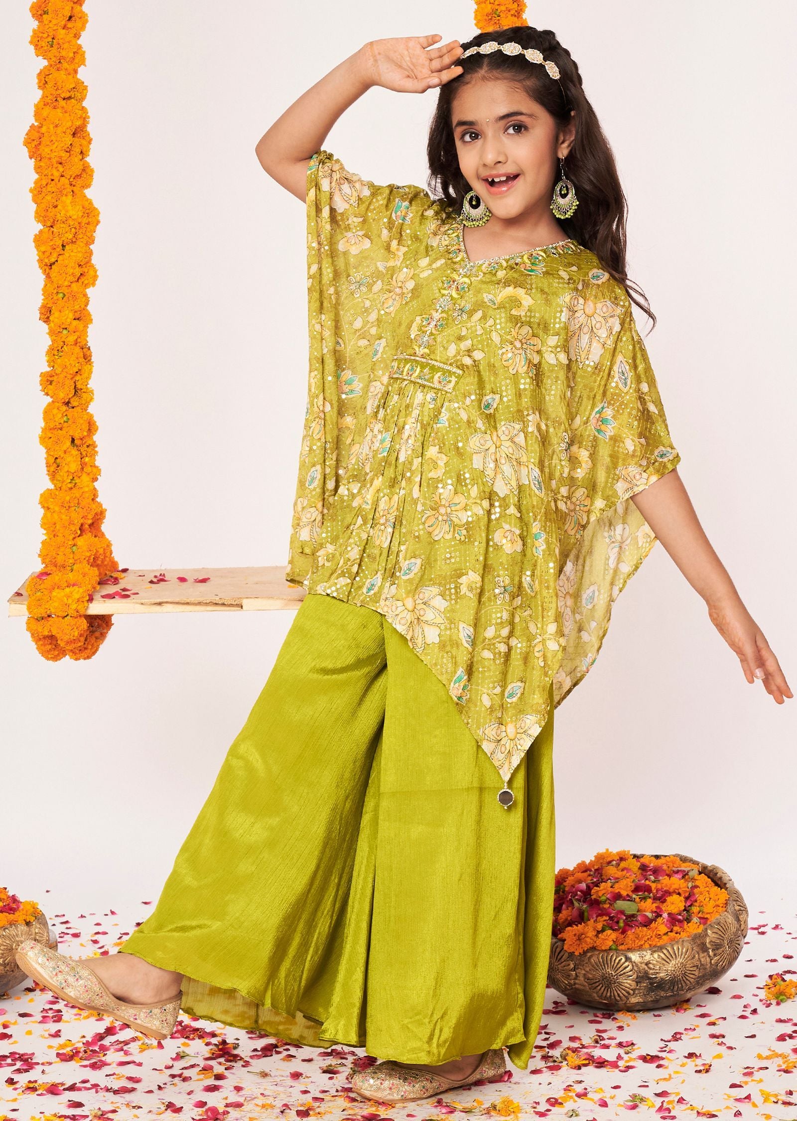 Mehndi Green Chinnon Gharara Set