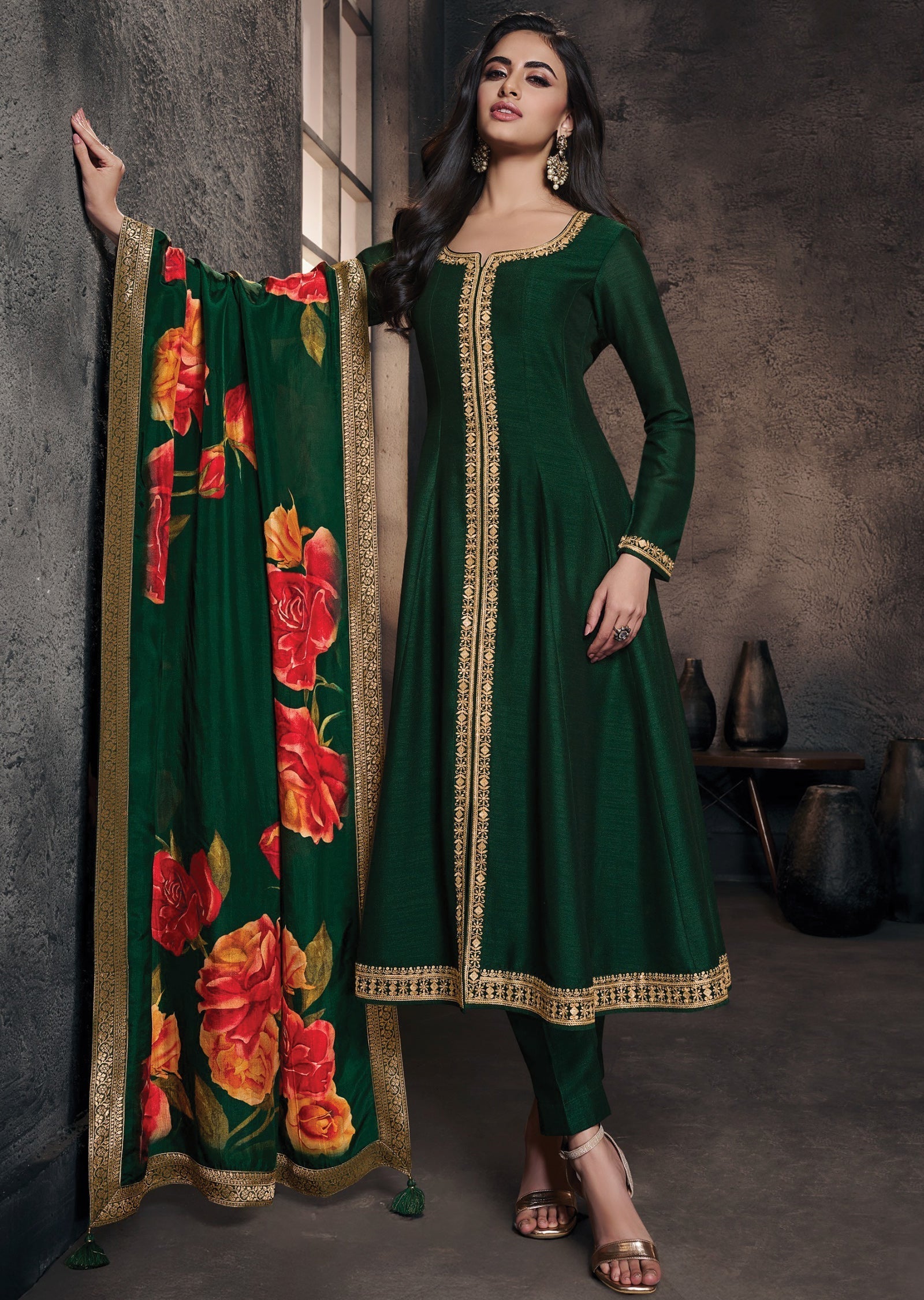 Bottle Green Silk Anarkali Suit