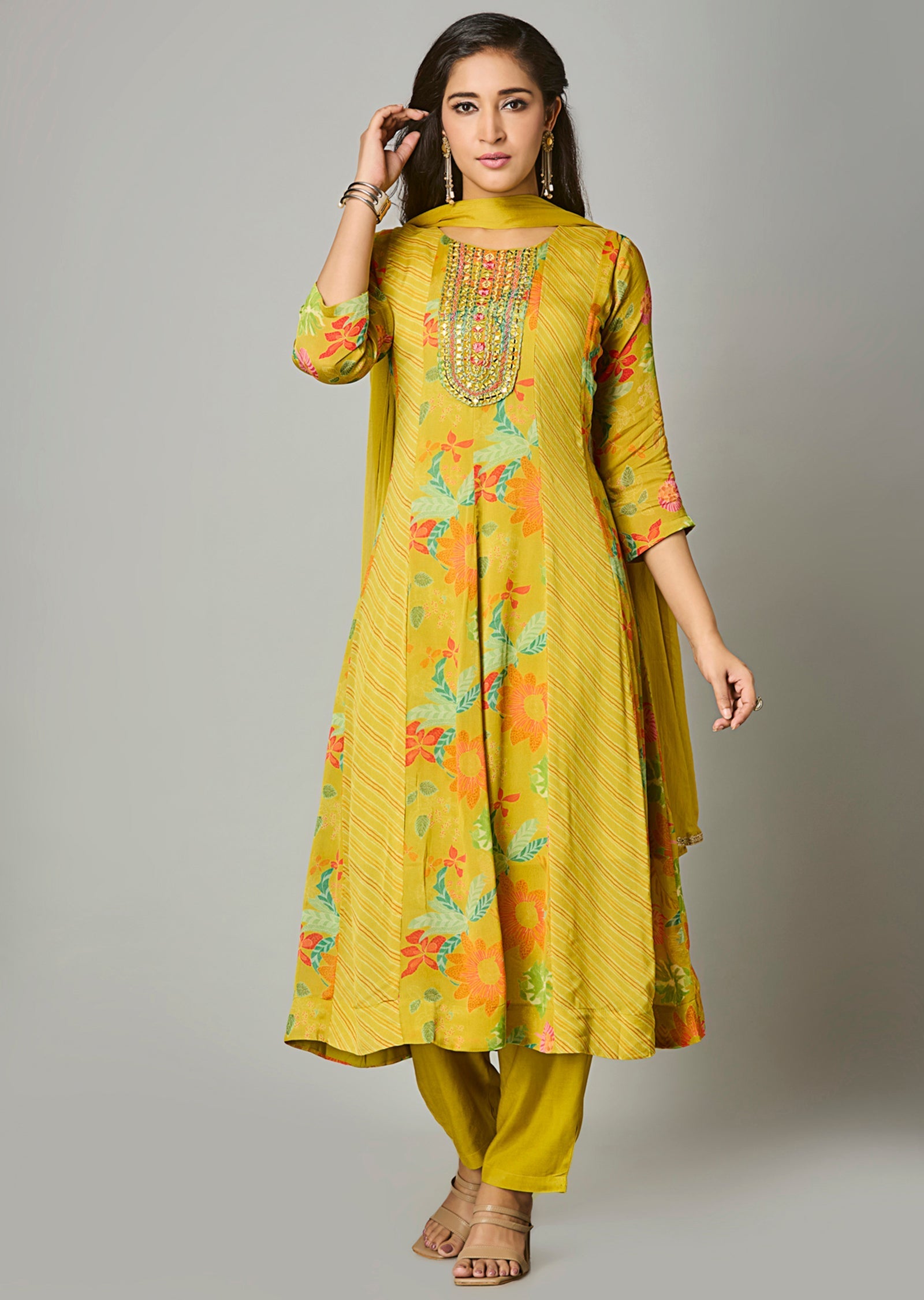 Variyali Green Chinnon Anarkali Suit