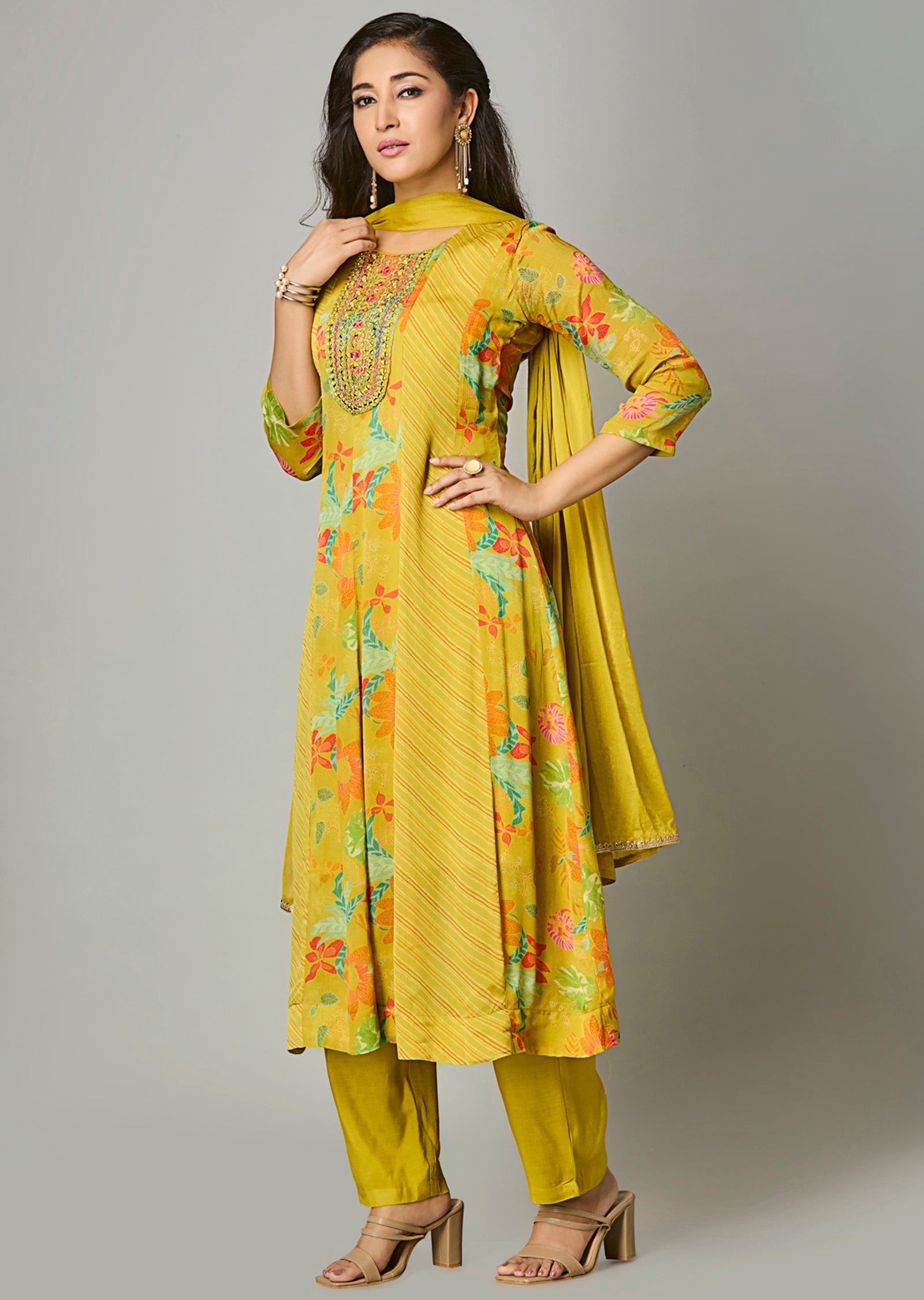 Variyali Green Chinnon Anarkali Suit