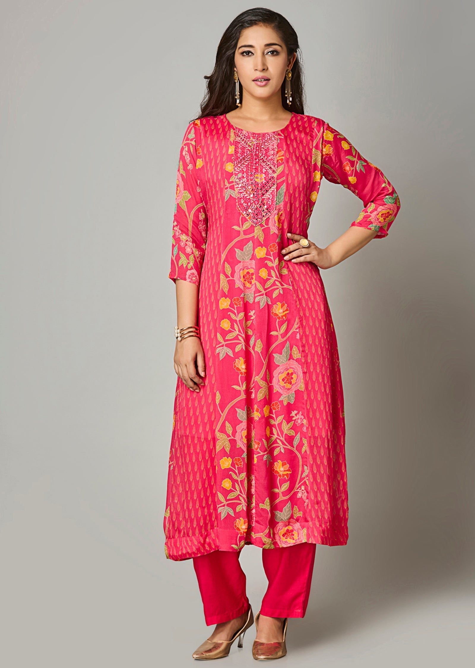 Pink Chinnon Anarkali Suit
