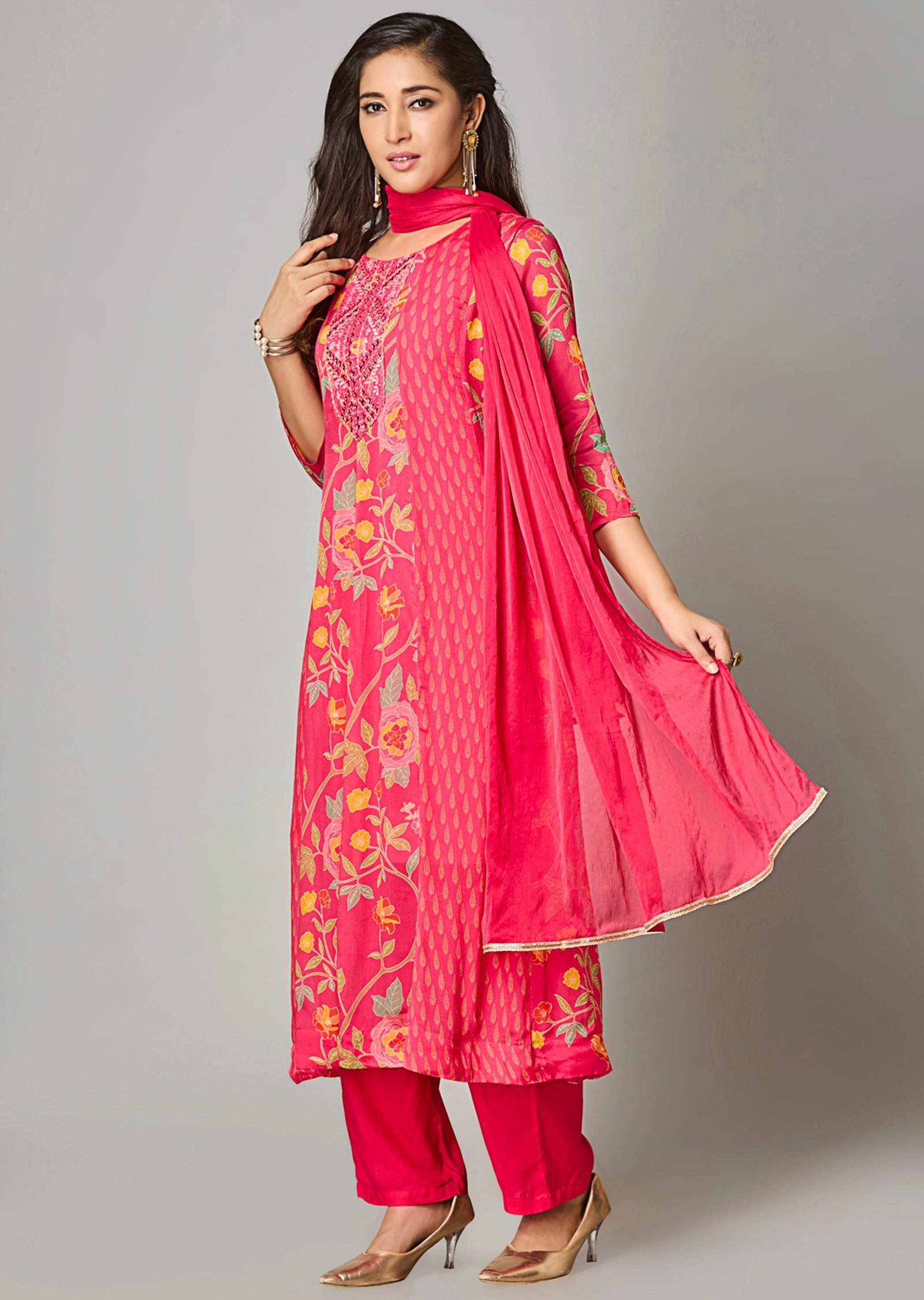 Pink Chinnon Anarkali Suit