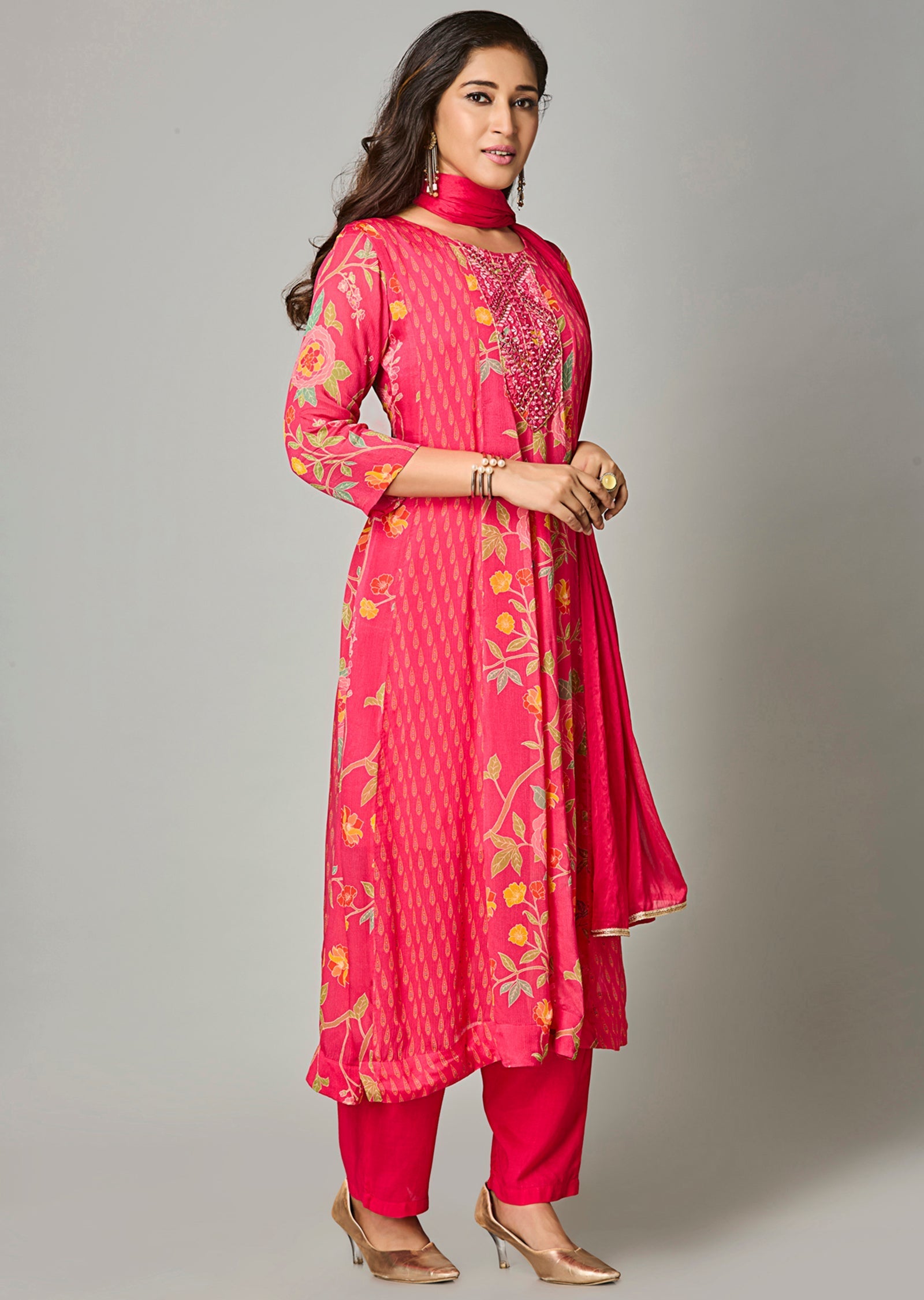 Pink Chinnon Anarkali Suit