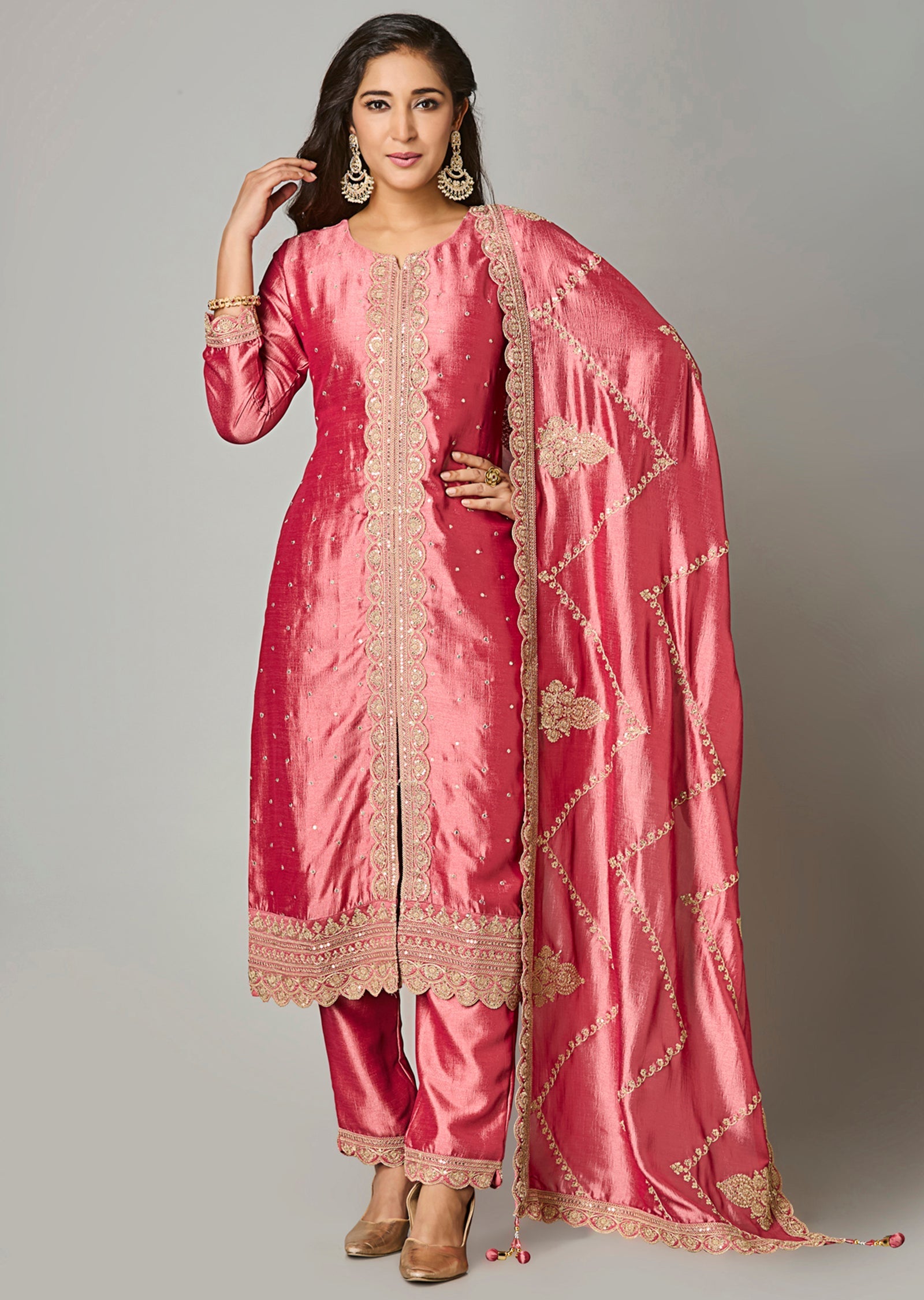 Onion Pink Silk Straight Cut Suit