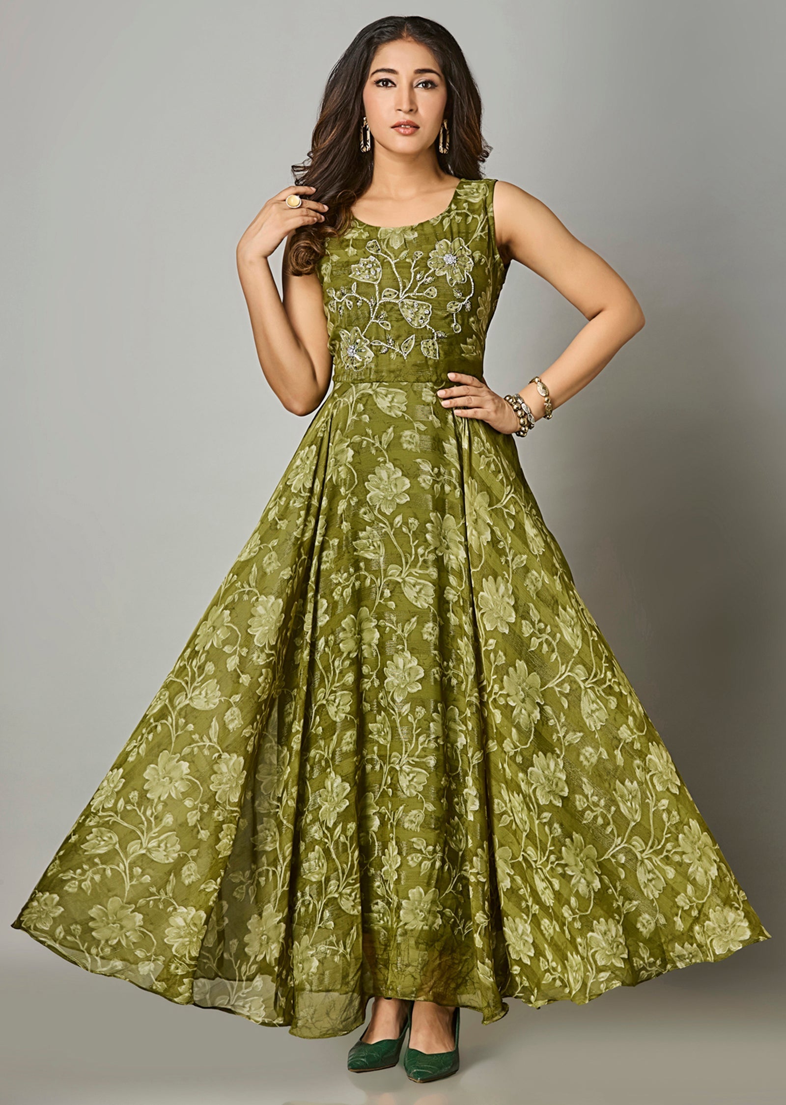 Mehendi Green Chiffon Long Dress