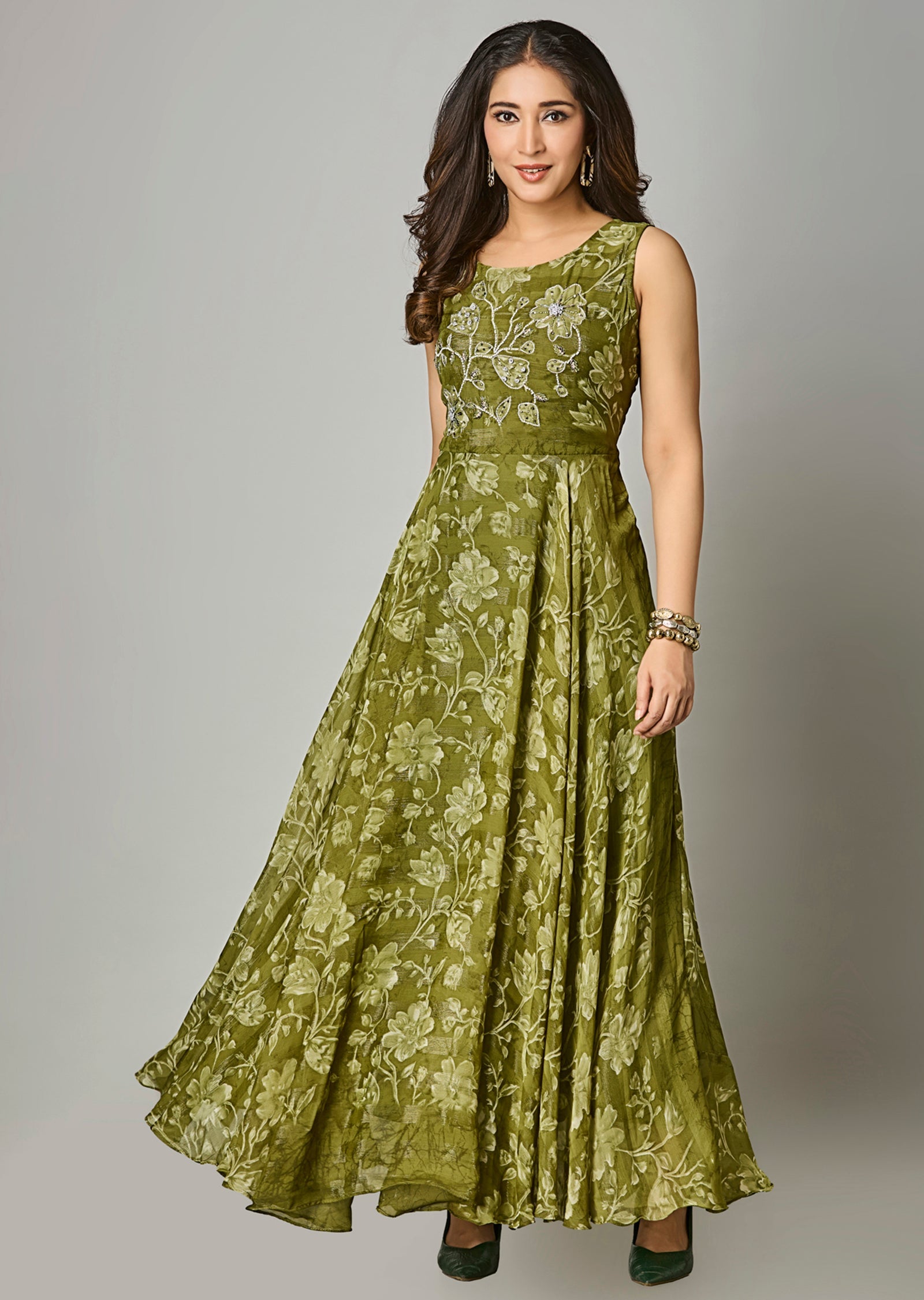 Mehendi Green Chiffon Long Dress